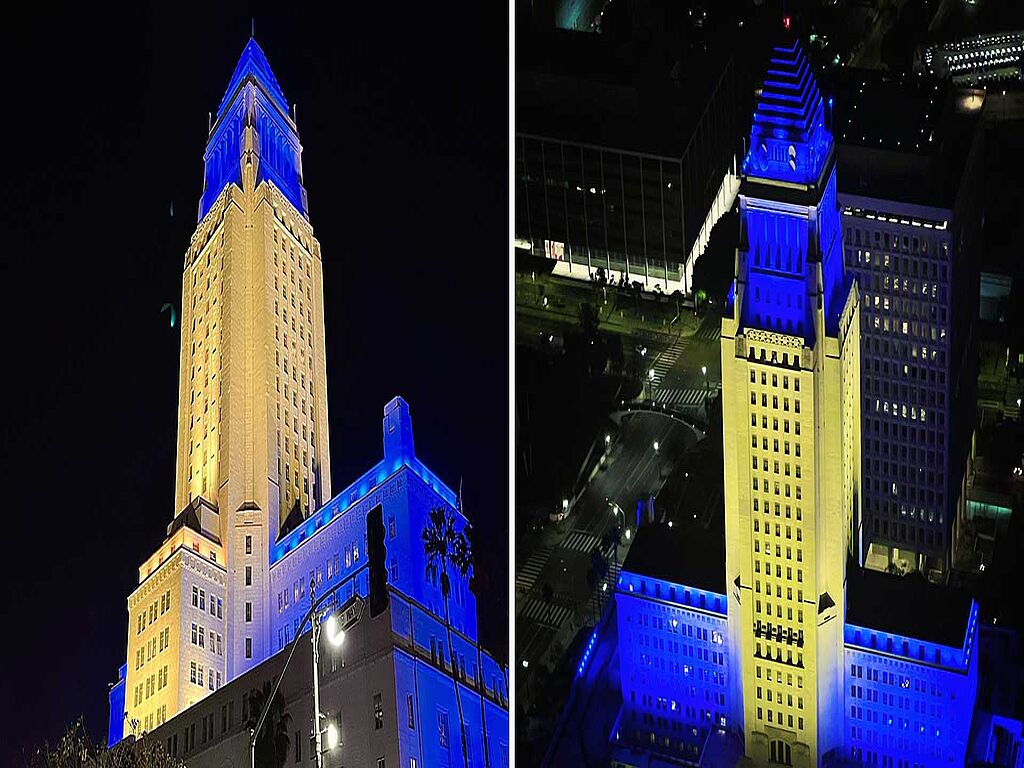 L'hôtel de ville de Los Angeles est illuminé aux couleurs du drapeau ukrainien.