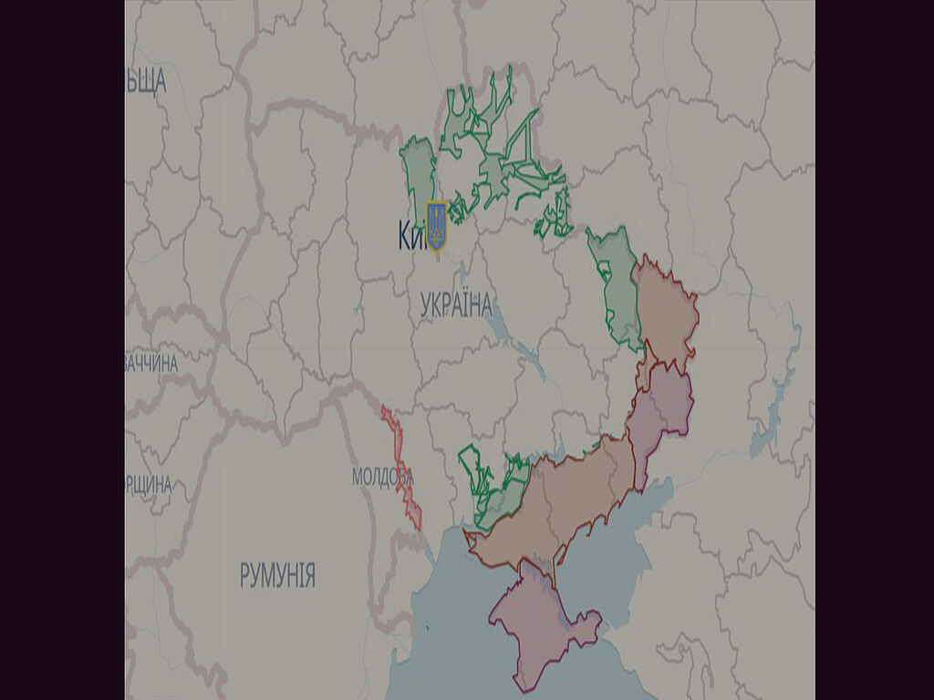 Grün kennzeichnet befreite Gebiete der Ukraine, rot kennzeichnet vorübergehend von Russland besetzte Gebiete