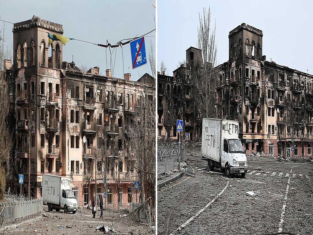 Разрушенный дом. Надпись на транспортном средстве гласит: «Дети».