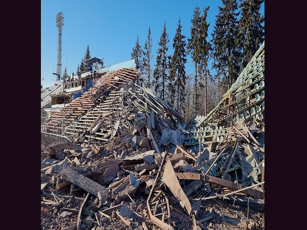 On 5 March 2022, during Russia's full-scale war against Ukraine and the siege of Chernihiv, the eastern stand was destroyed by artillery fire. On 11 March, enemy aircraft damaged the pitch as well. The stadium, where whole generations of Ukrainians trained for decades, where future champions grew up, where children's dreams came true, was destroyed by the Russian occupiers with 500 kg landmines.