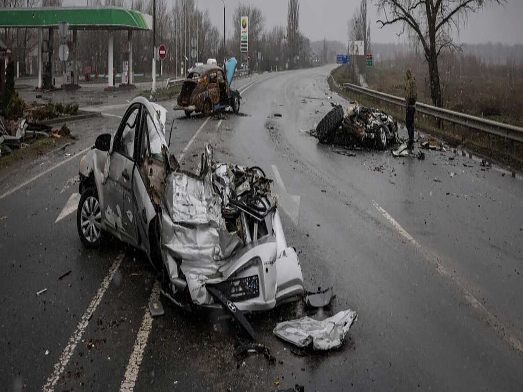 Cars of civilians crushed by Russian tanks in Bucha