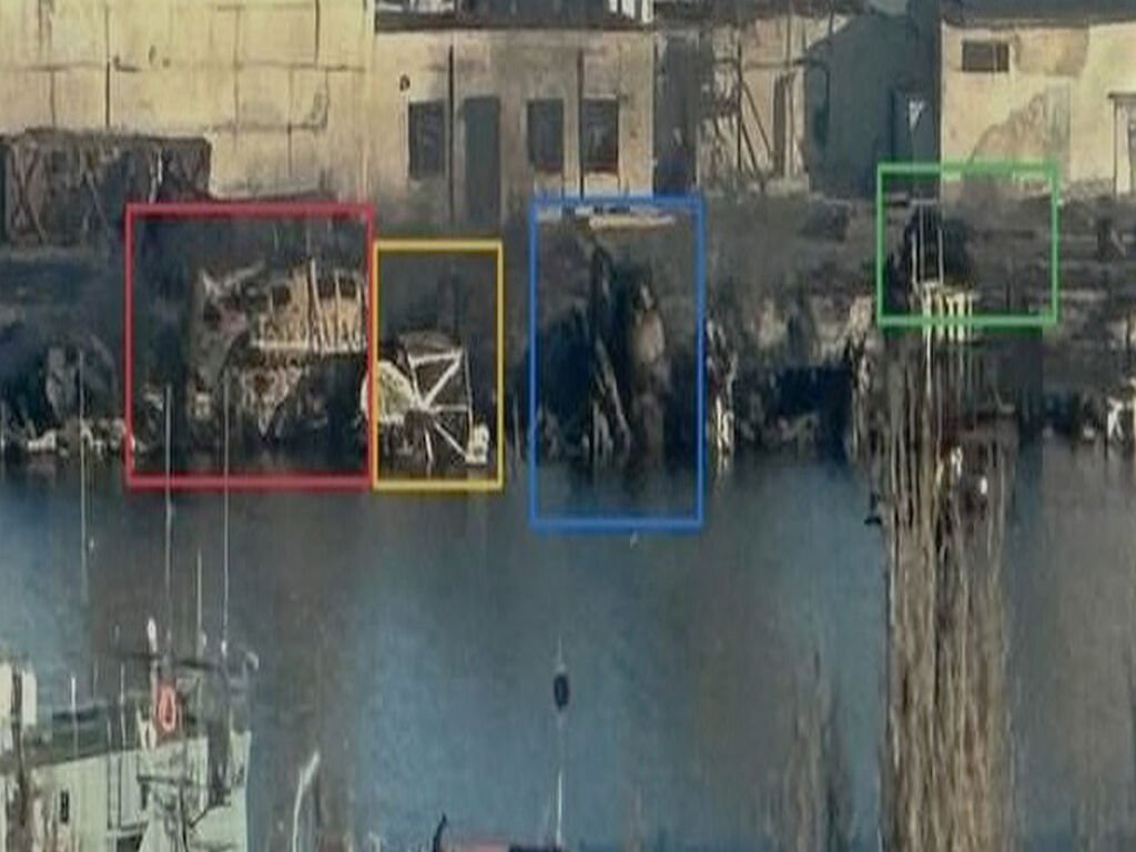 Hit by a Storm Shadow missile. After a serious detonation, it sank. Probably carrying Iranian Shahed-136 strike UAVs.