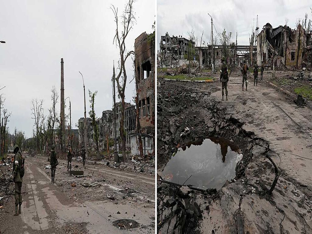 Russian service members work on demining the territory of Azovstal steel plant