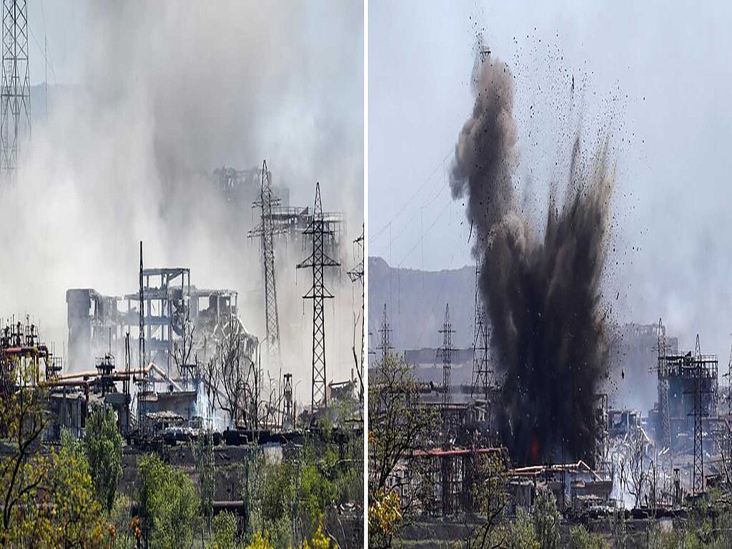 A view shows an explosion at a plant of the Azovstal Iron and Steel Works