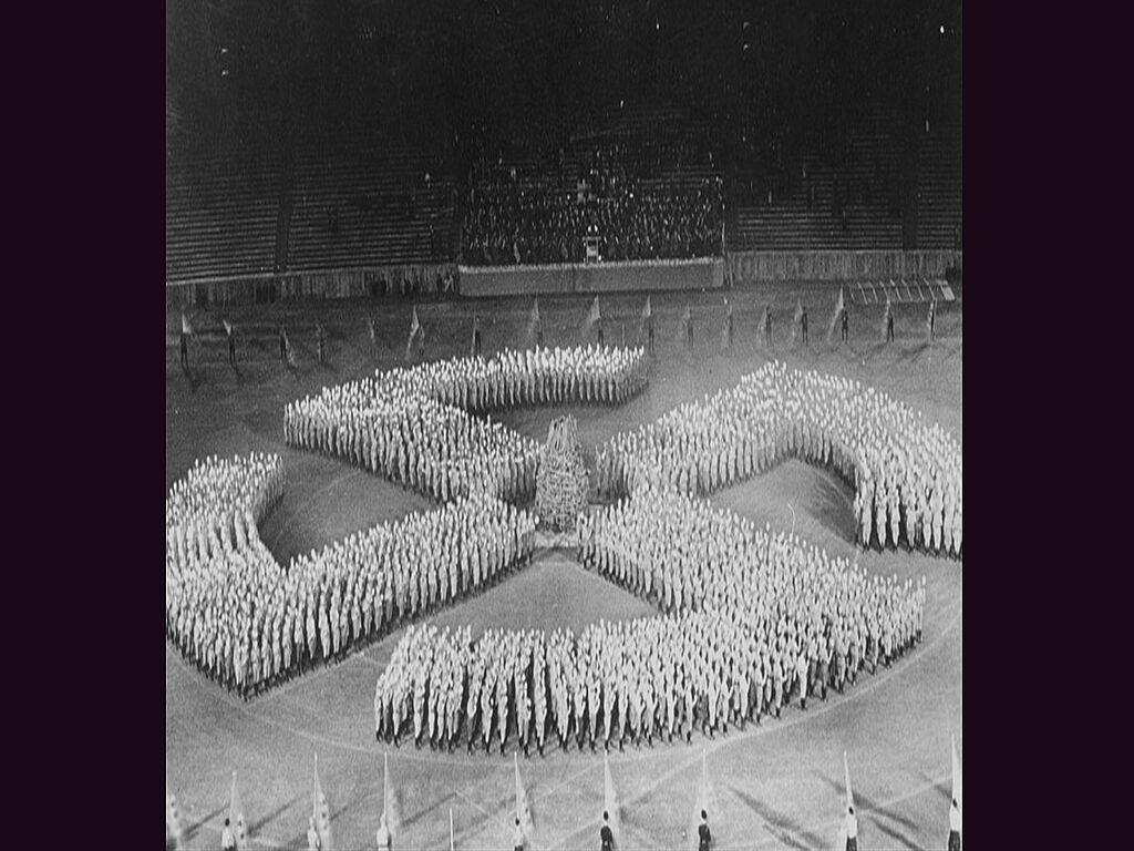 Nazi Germany athletes lined up in the shape of a swastika