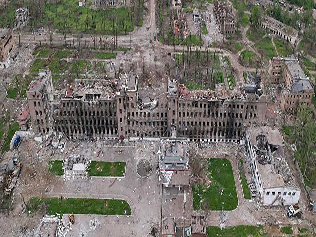 A view shows a destroyed administrative building at Azovstal Iron and Steel Works