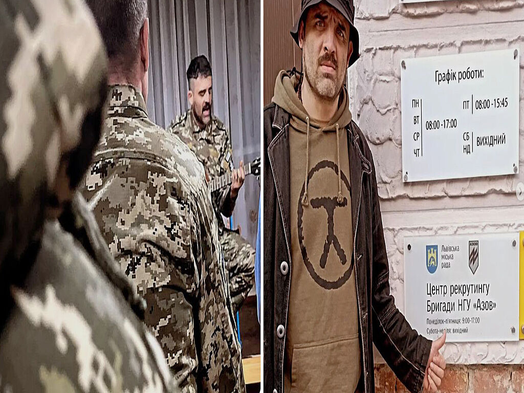 Vasyl playing for the military / photo near the Azov recruitment centre