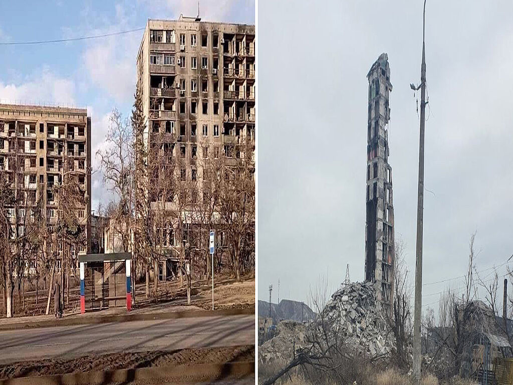 Un arrêt de bus au tricolore russe/tout ce qui reste d'un bâtiment à plusieurs étages