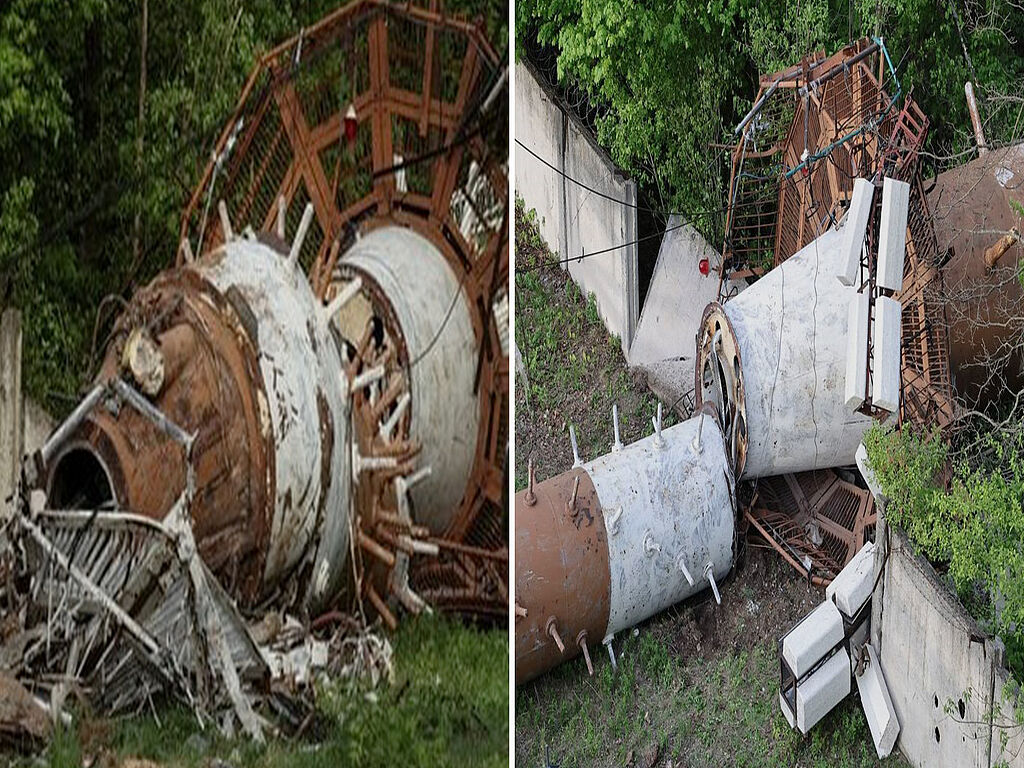 Half of the TV tower lying on the ground