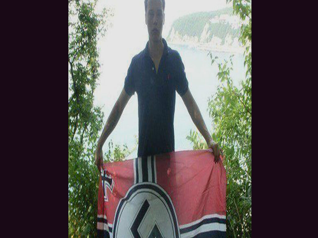 With a Nazi flag