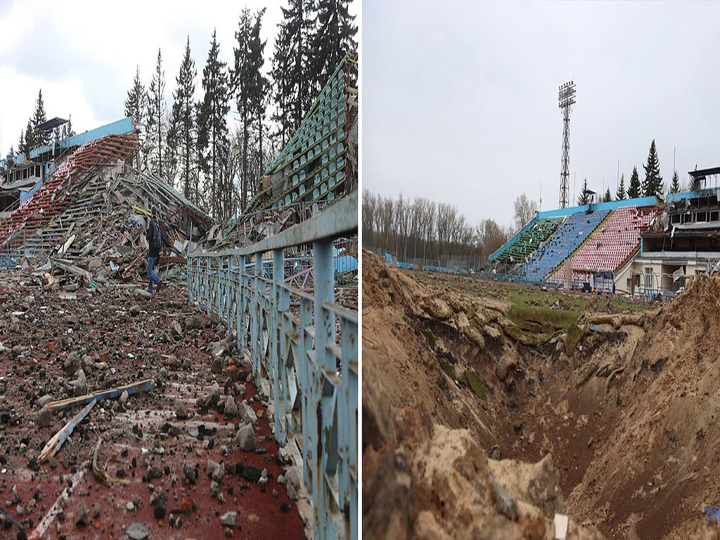 Les stands endommagés et la fosse à bombes russe