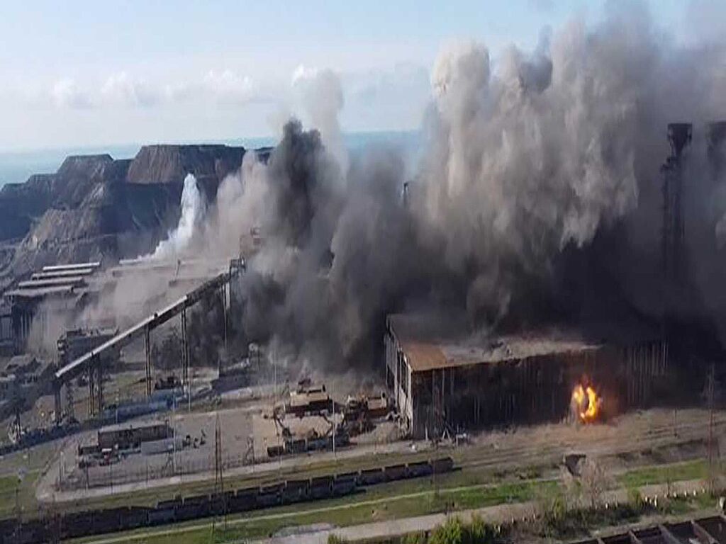 An aerial view shows shelling in the Azovstal steel plant complex