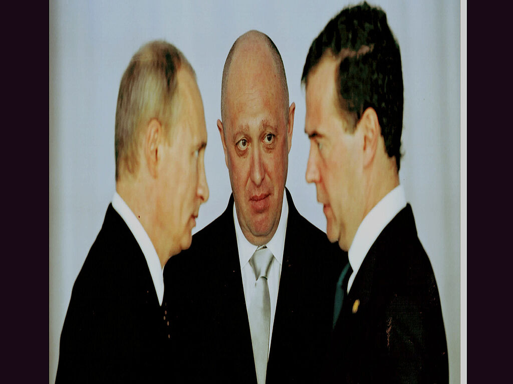 Wladimir Putin, Jewgeni Prigoschin und Dmitri Medwedew