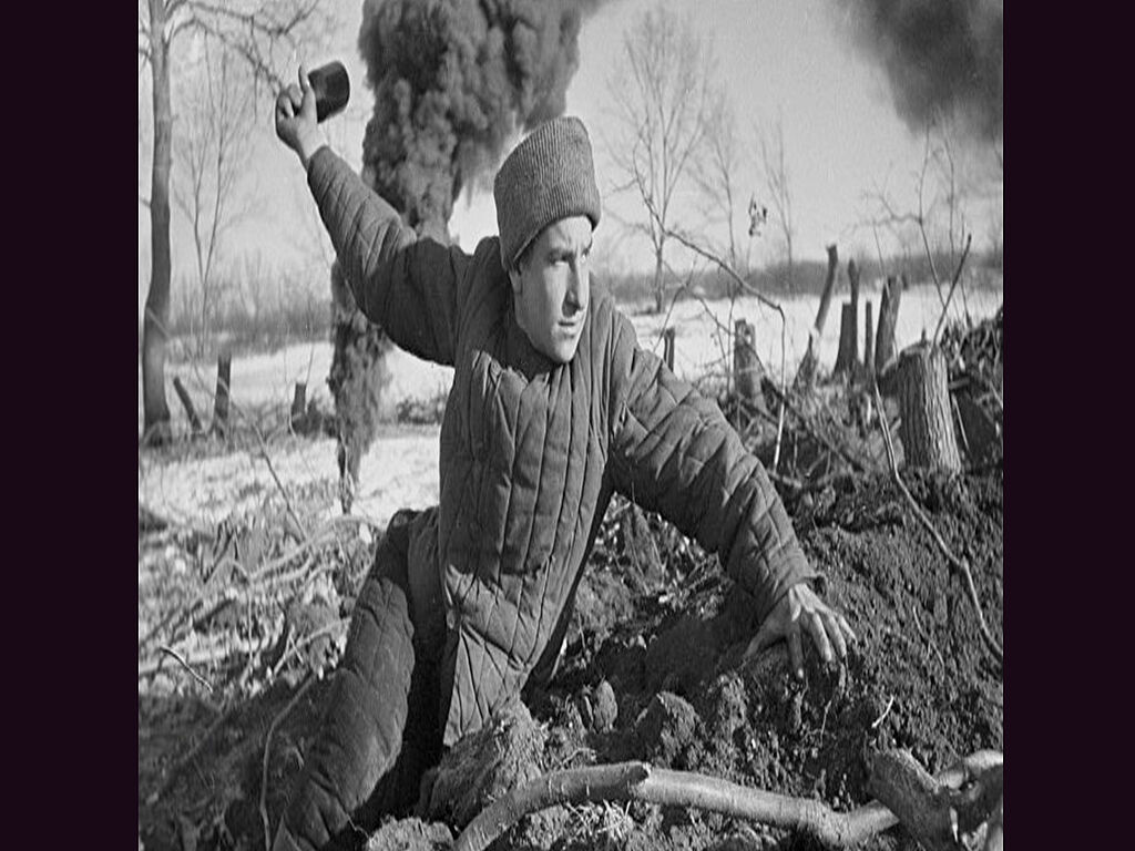 A Soviet soldier throwing a grenade. The Battle of Stalingrad