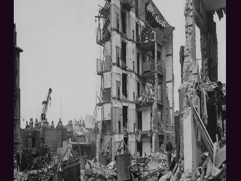 Destroyed apartment buildings in Limehouse, East London, as a result of shelling by German troops